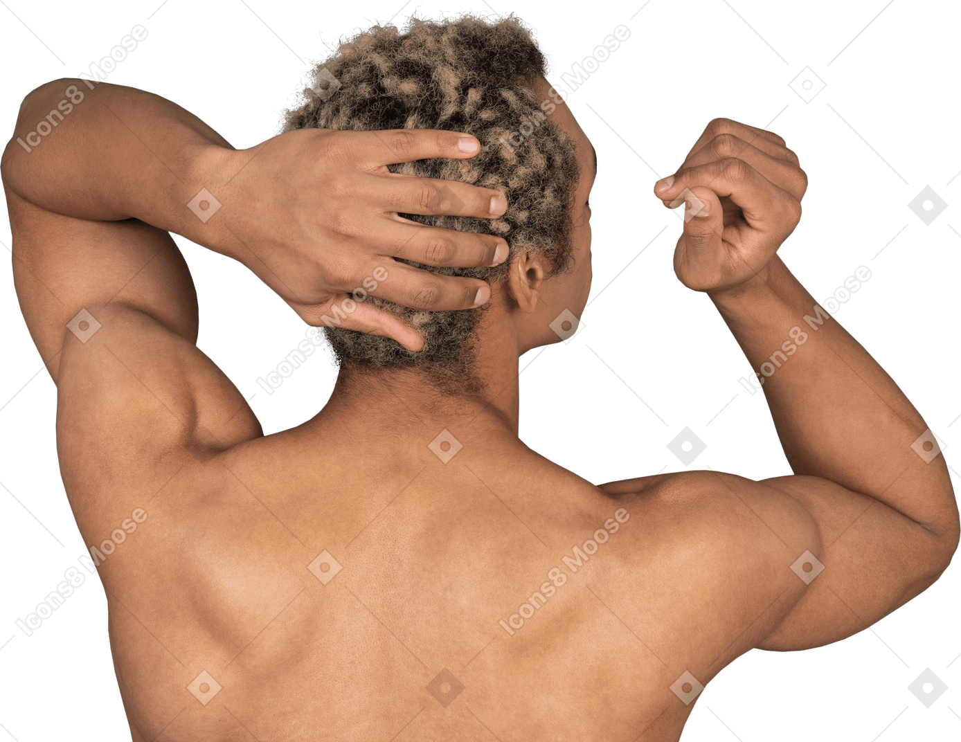 Back view of a shirtless afro man touching his head and raising arm