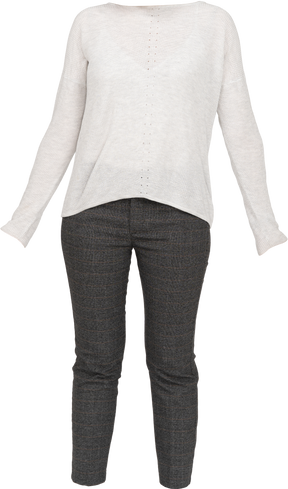 White long-sleeve shirt and gray pants