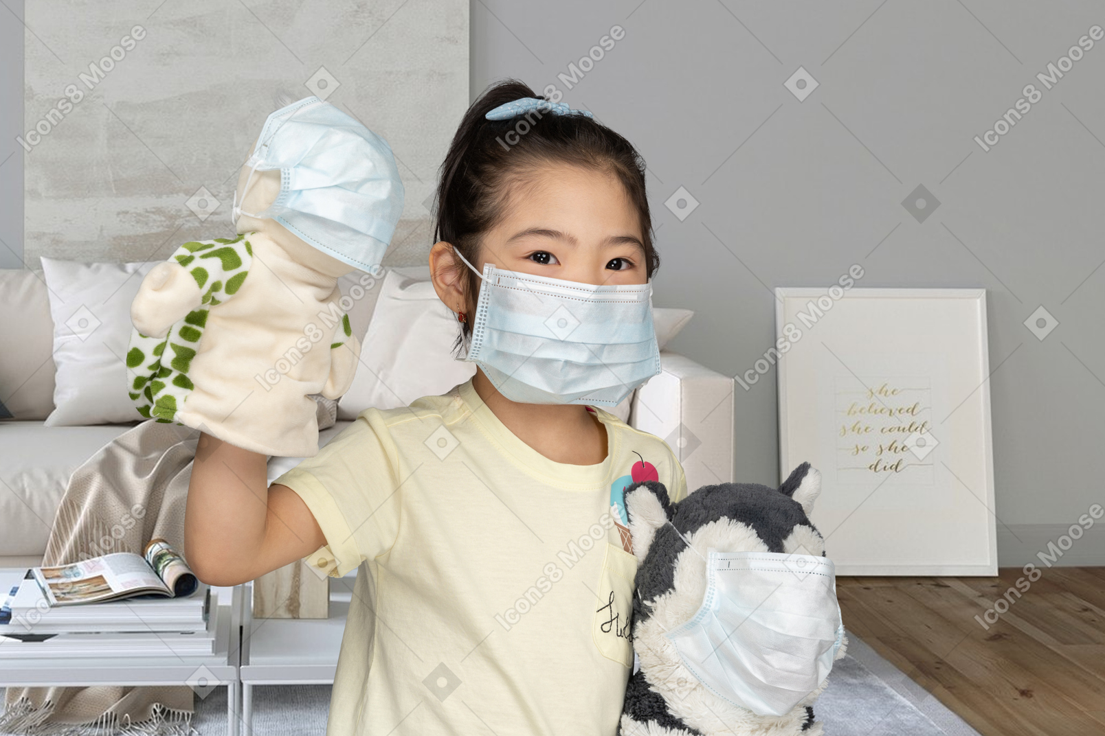 A little girl in face mask with toys in face masks