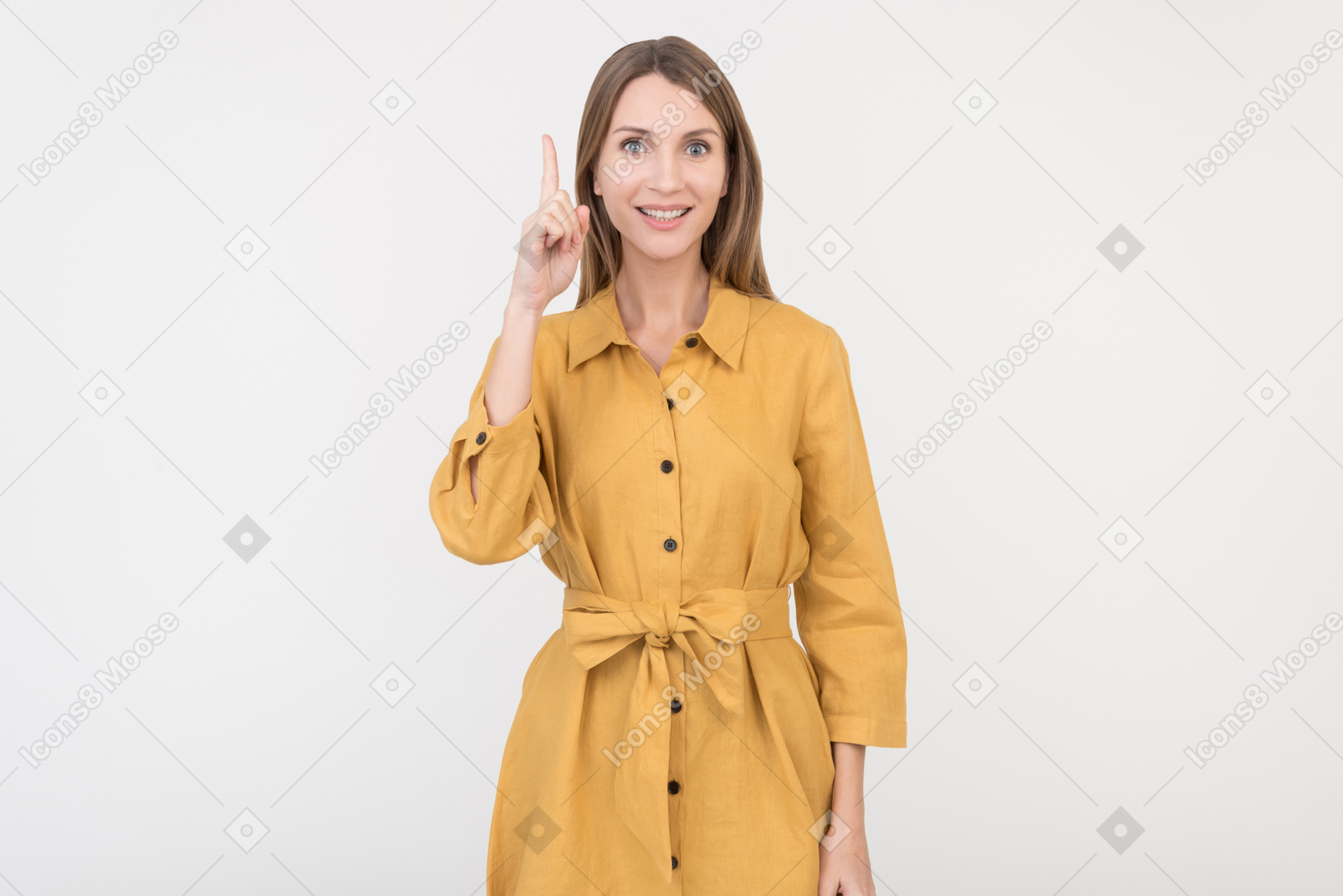 Excited young woman pointing up with finger