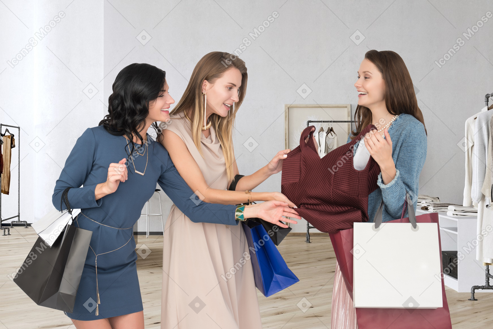 Três amigos decidindo o que vestir para a festa de natal