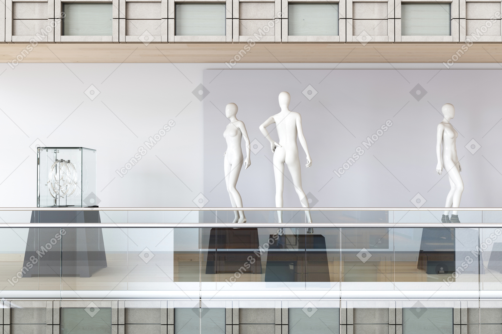 White mannequins and display cases with jewellery
