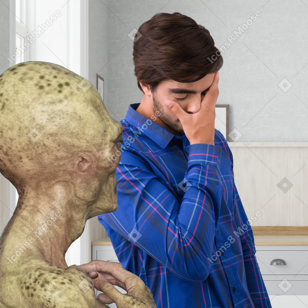 Alien communicating with a man doing facepalm