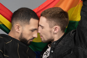 Gros plan de deux jeunes hommes touchant le nez sensuellement devant le drapeau lgbt