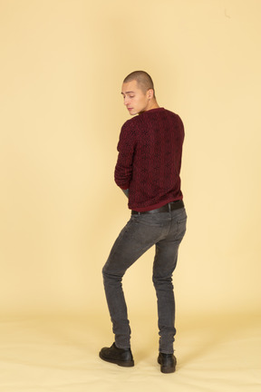 Back view of a young man in red pullover looking aside