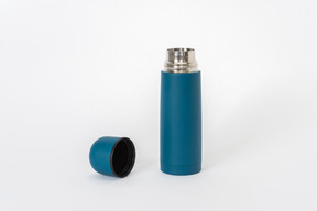 Blue thermos on a white background