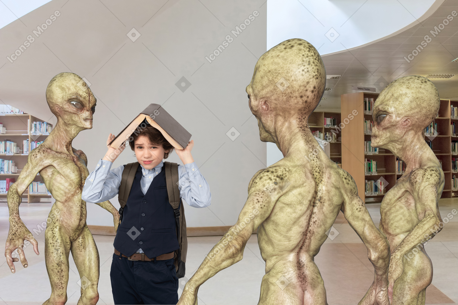 Boy covering his head with book and standing around aliens