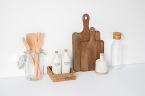 Ceramic bottles in wooden box