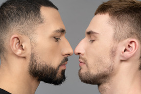 Close-up of two young men about to kiss