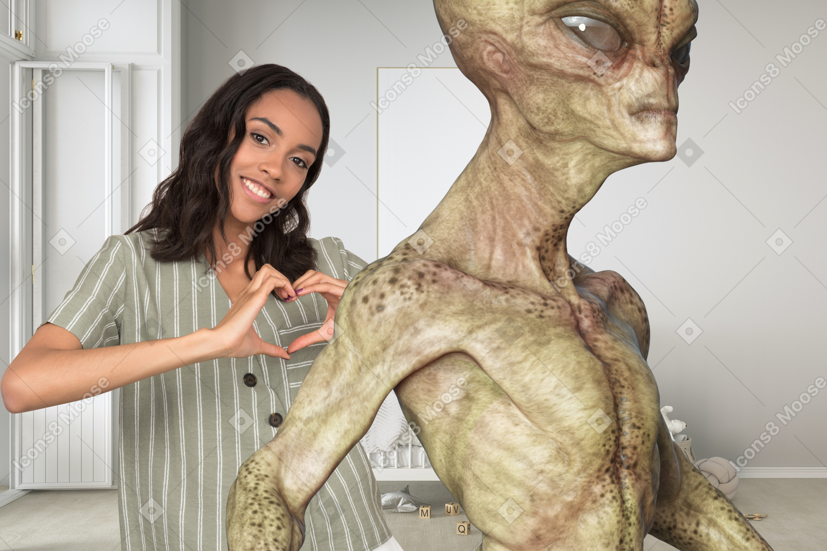 A woman standing next to a fake alien