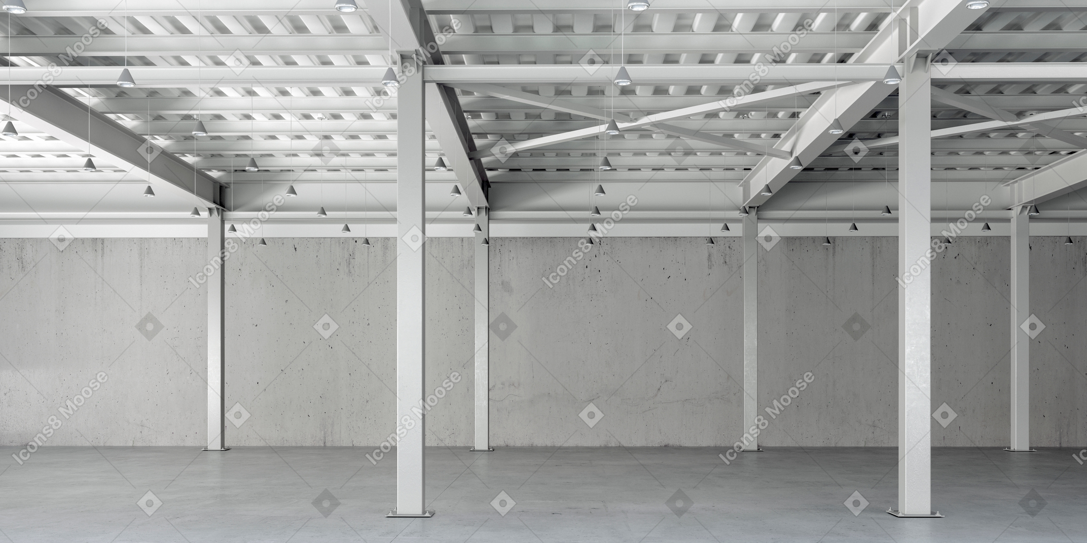 Empty warehouse with roof supported by pillars
