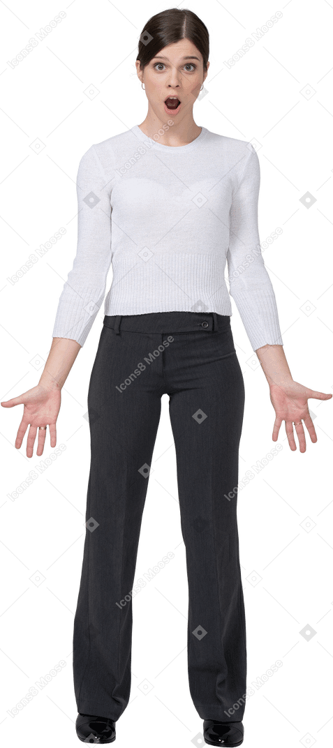 Front view of an astonished young woman in office clothing