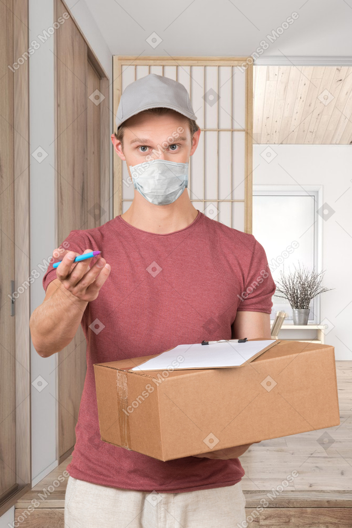 Deliveryman giving a pen to sign a delivery document