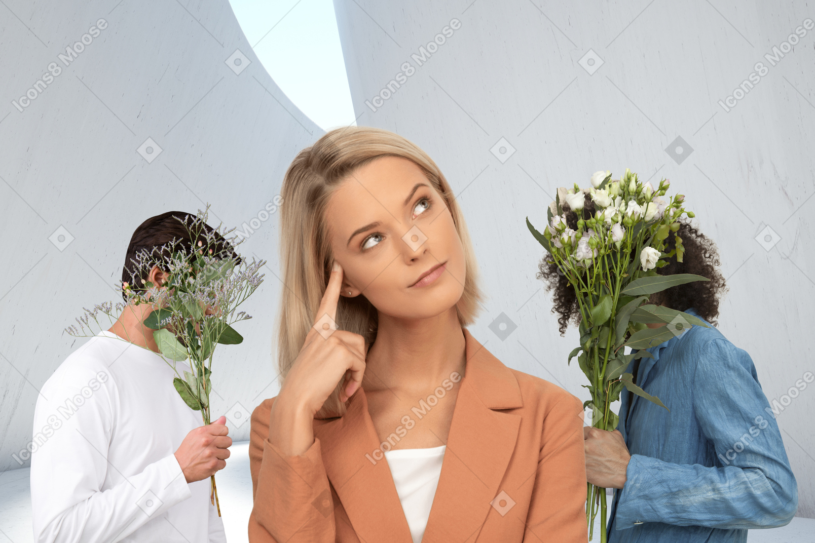 Men bringing bouquets to a woman