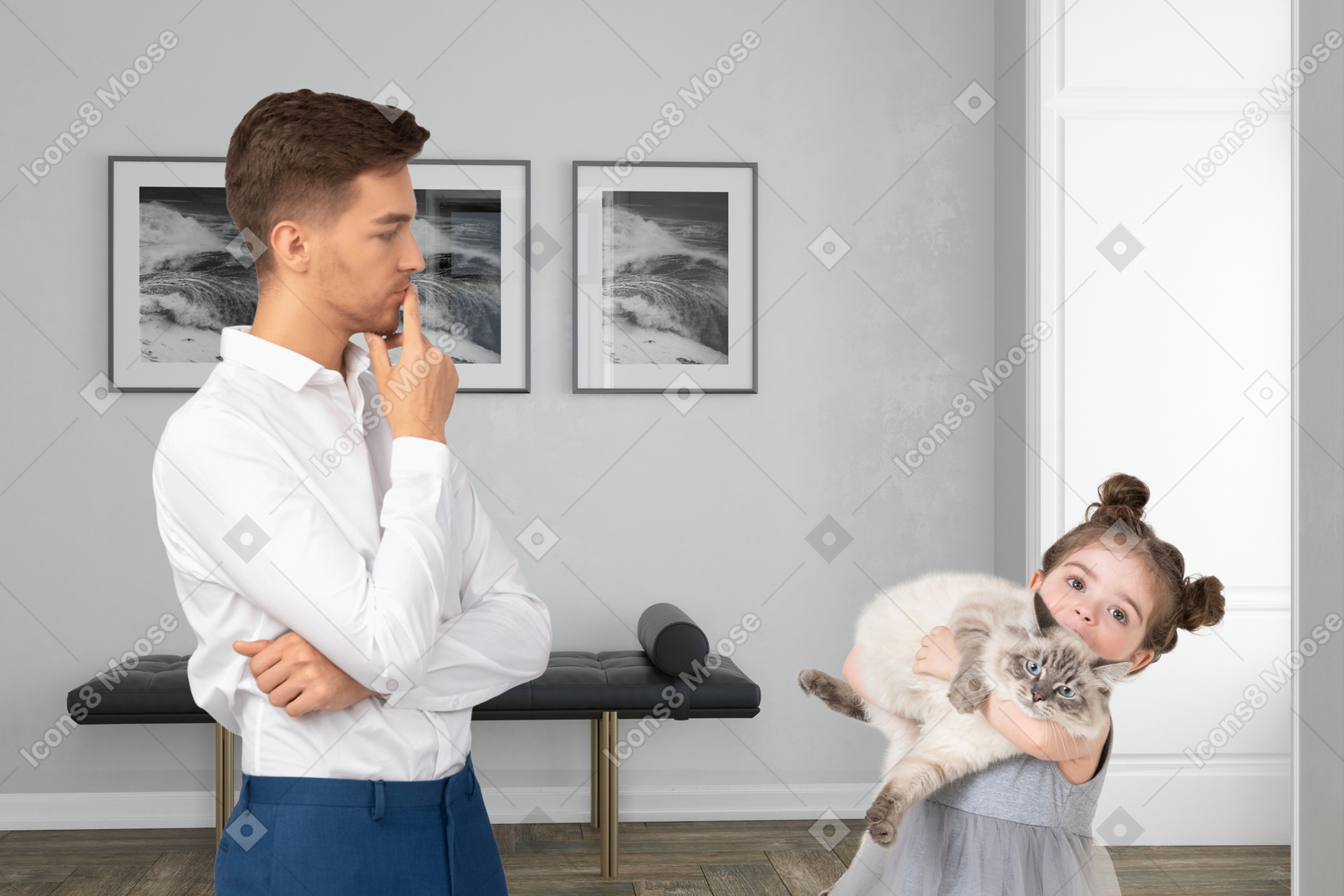 A man and a little girl holding a cat