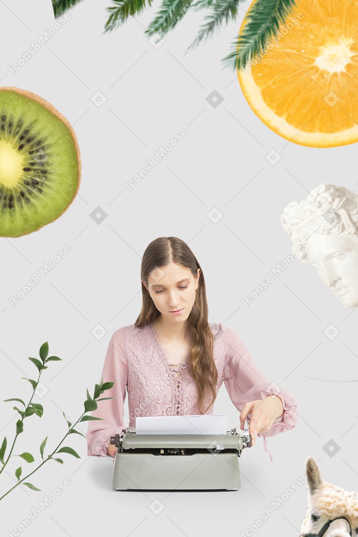 A woman typing on an old typewriter surrounded by fruit