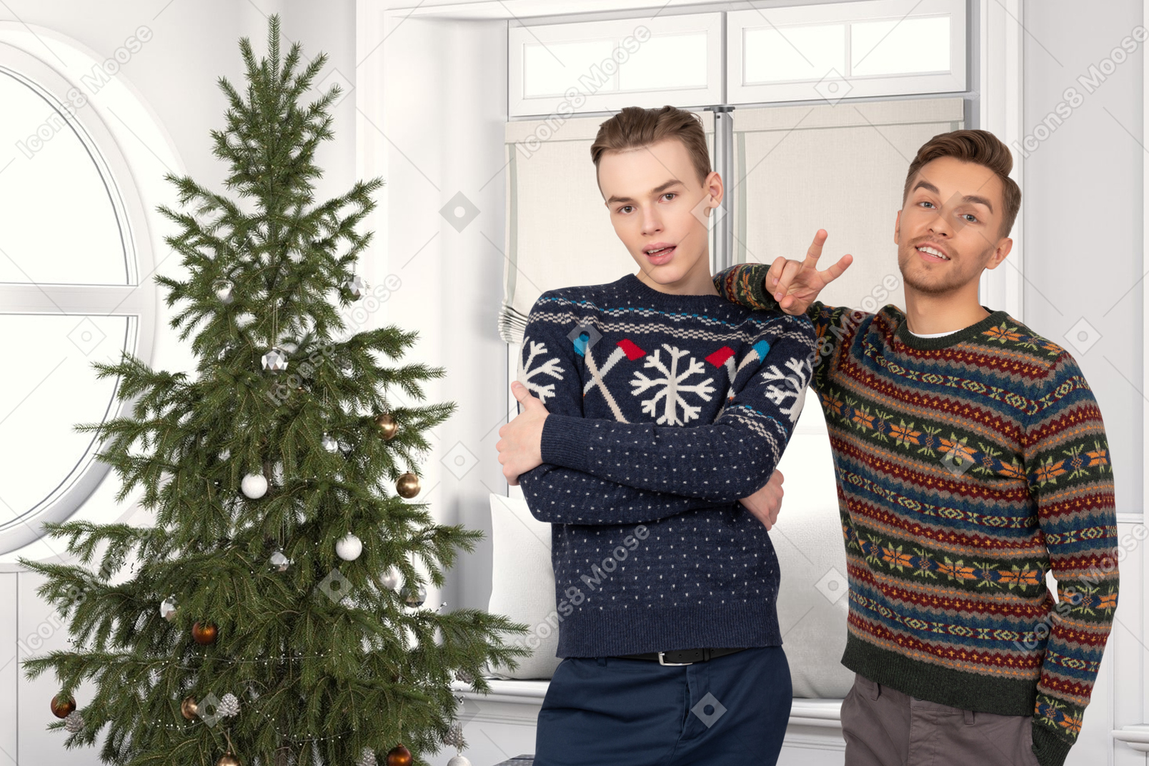 Two young men near a christmas tree