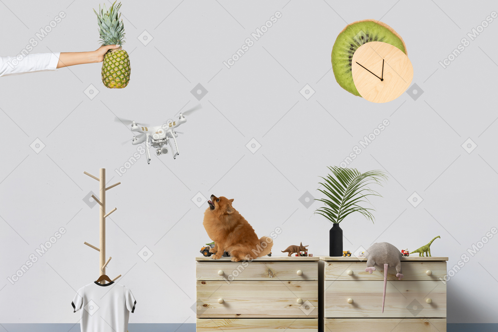 A person holding a pineapple above a dresser with a dog sitting on it