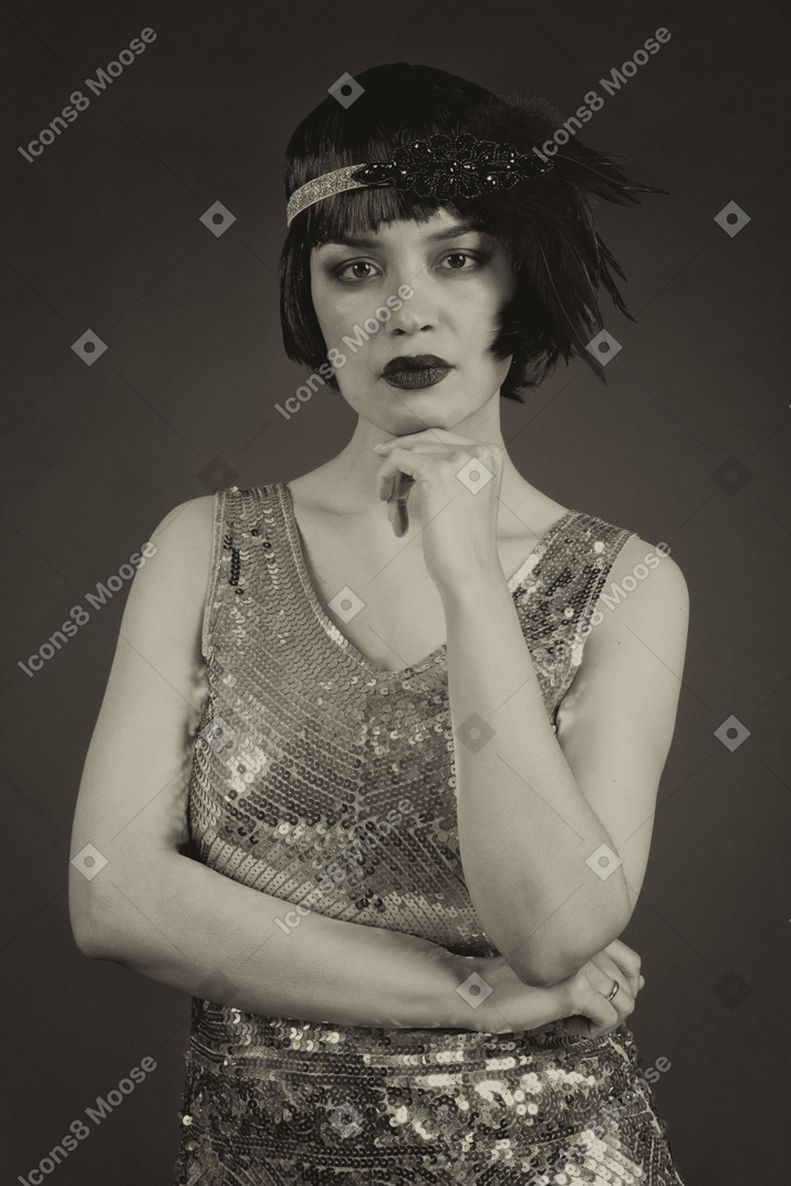 Black and white portrait of a retro woman in sequin dress