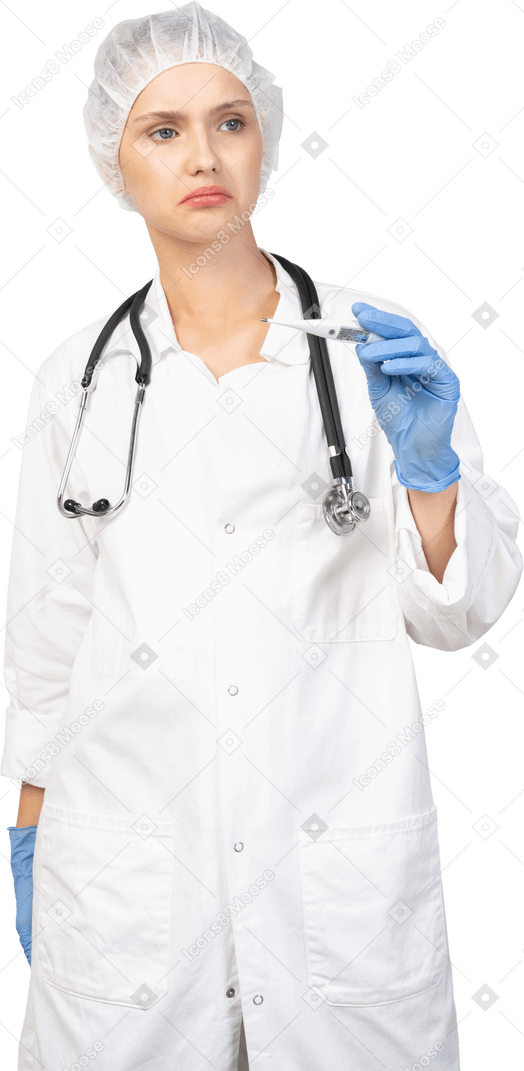 Vista frontale di una giovane dottoressa perplessa con lo stetoscopio che tiene il termometro