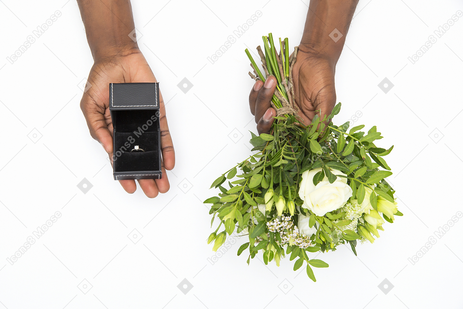 Black male hands holding flower bouquet and box with a ring
