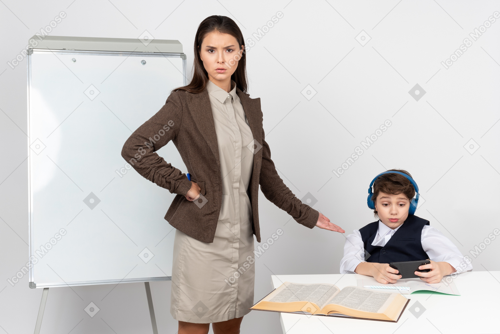 Angry young teacher and ignoring student