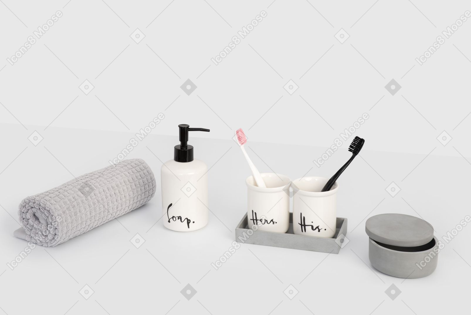 Bath accessories on grey backgroung