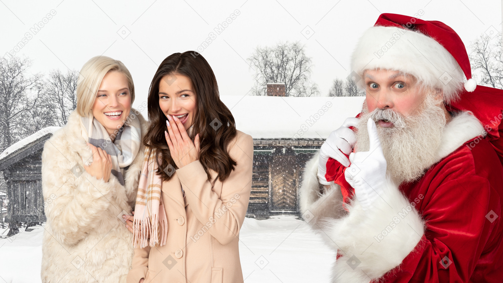 Young women happy to see santa