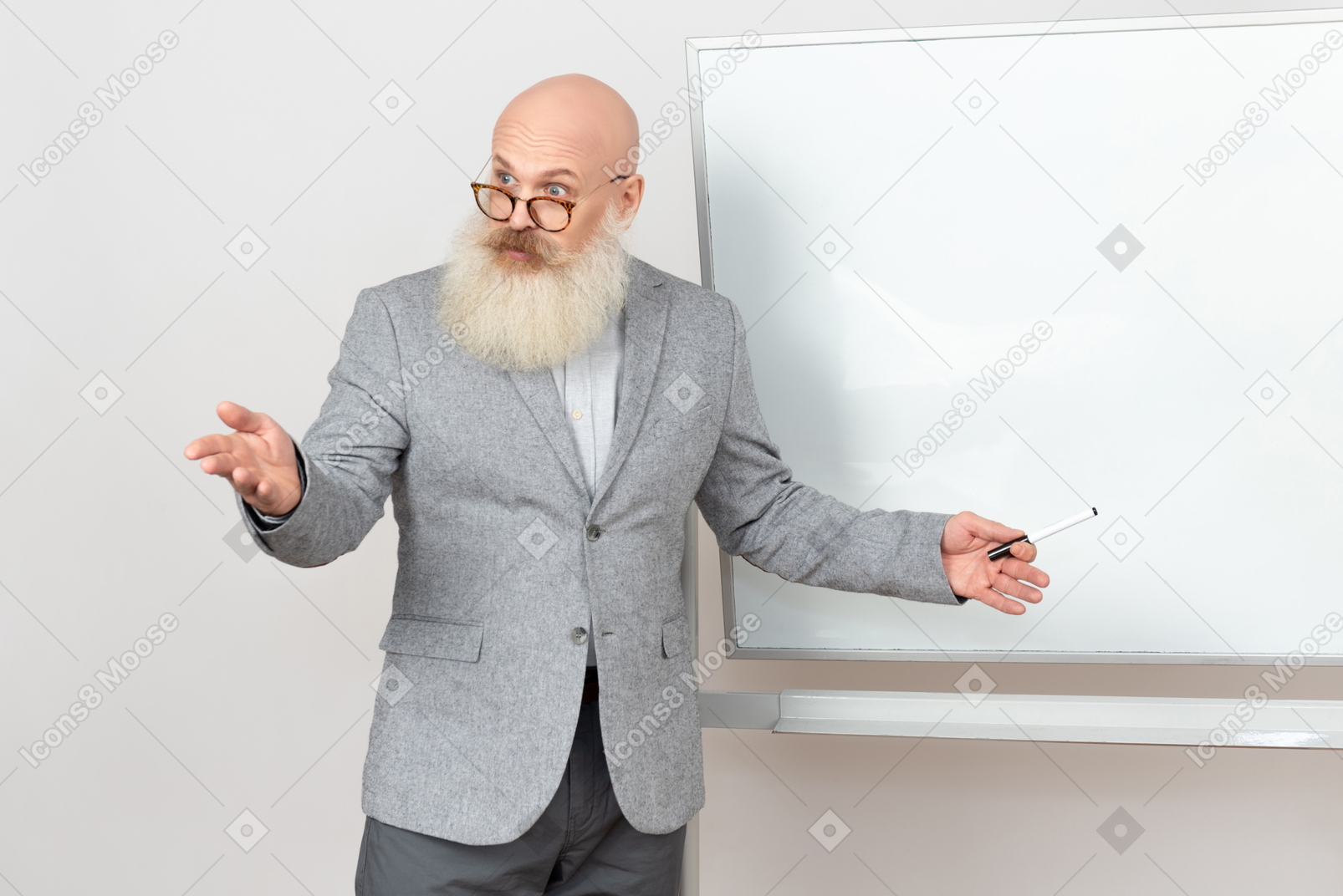 Surprised old professor standing next to whiteboard and explaining something