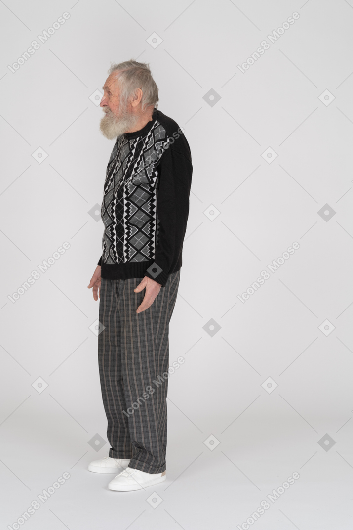 Vista laterale di un uomo anziano con la barba grigia