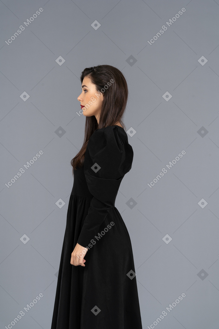 아직도 서있는 검은 드레스에 젊은 아가씨의 측면보기