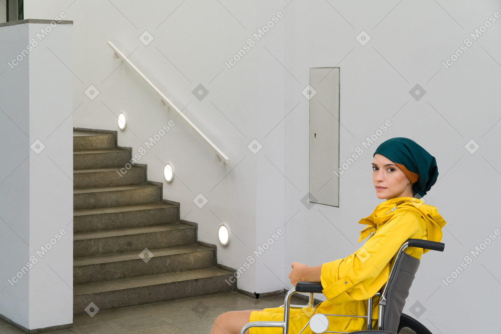 Woman in wheelchair in front of stairs