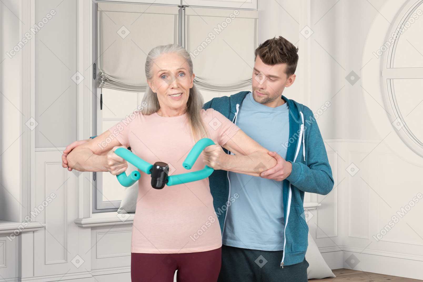 Man helping an elderly woman to exercise