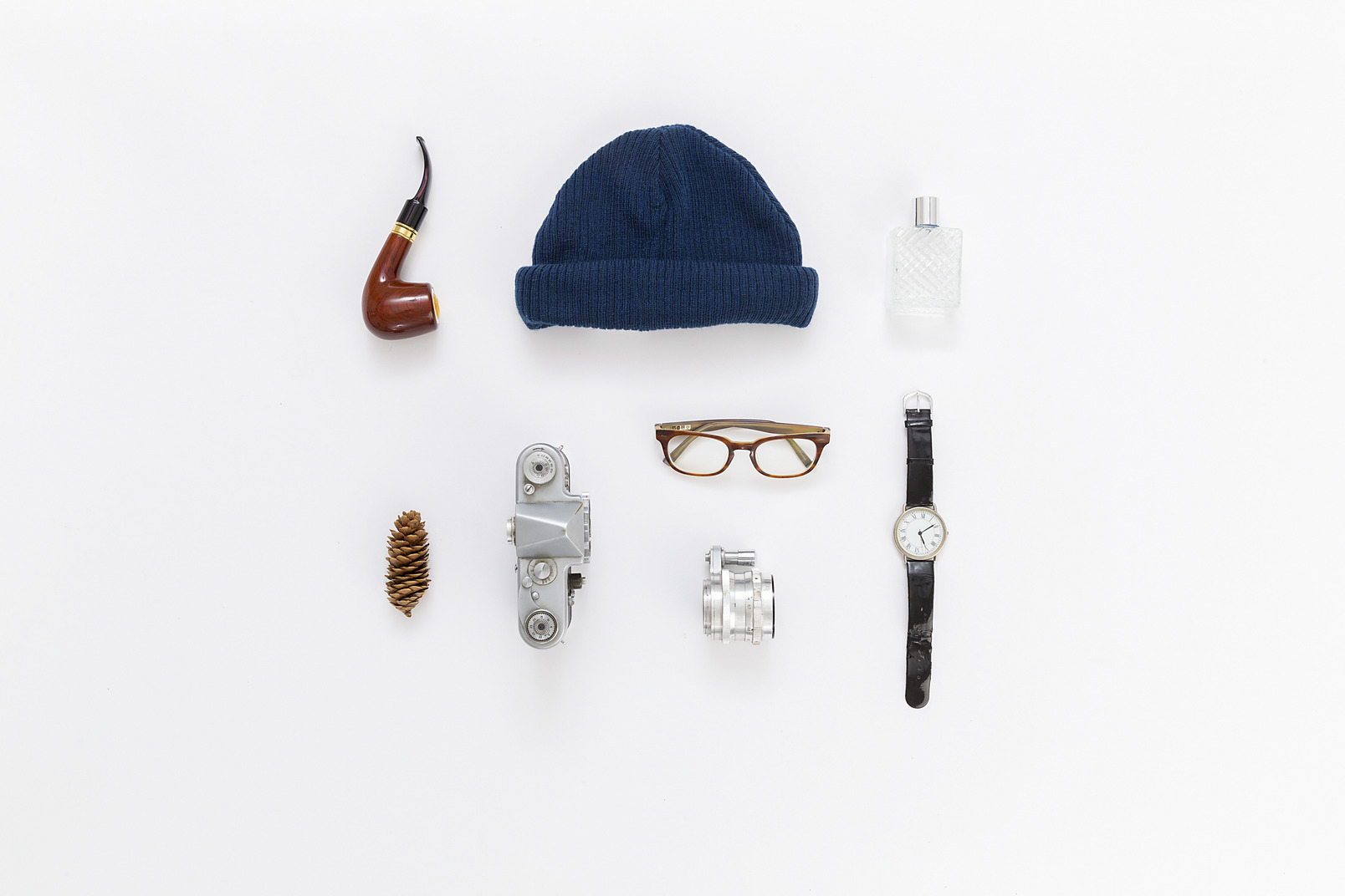 Hat, glasses, watch, smoking pipe, perfume bottle and other stuff