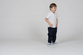Three-quarter view of a boy standing