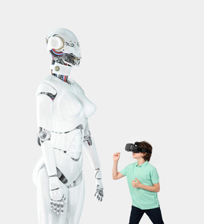 Kid boy wearing virtual reality headset facing robot