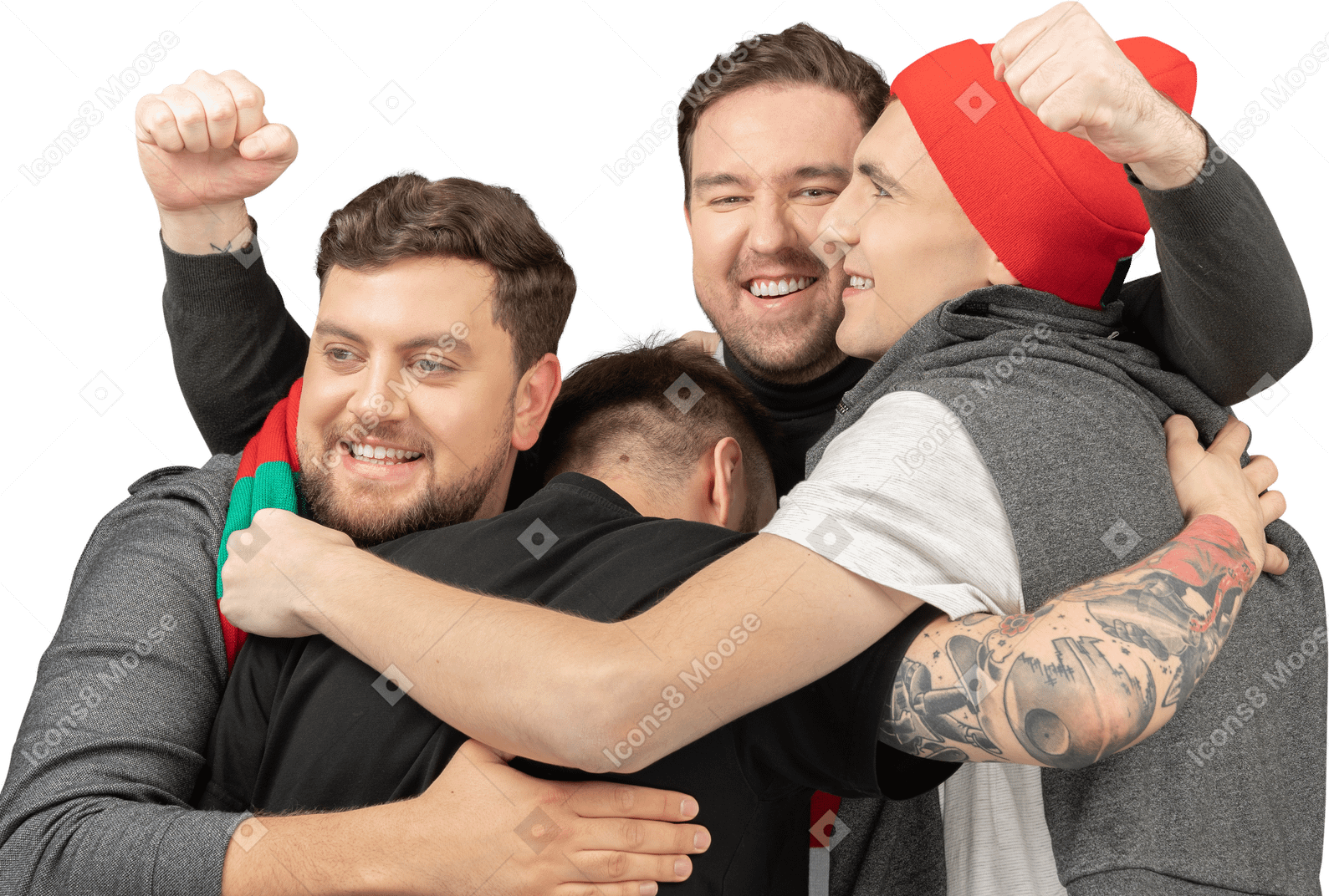 庆祝胜利与拥抱的四个男足球迷的特写镜头
