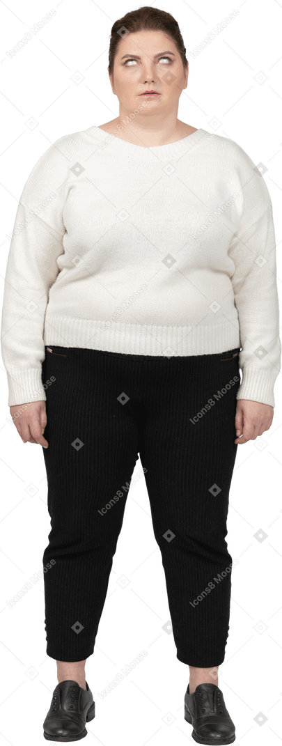 Plump woman in casual clothes looking up