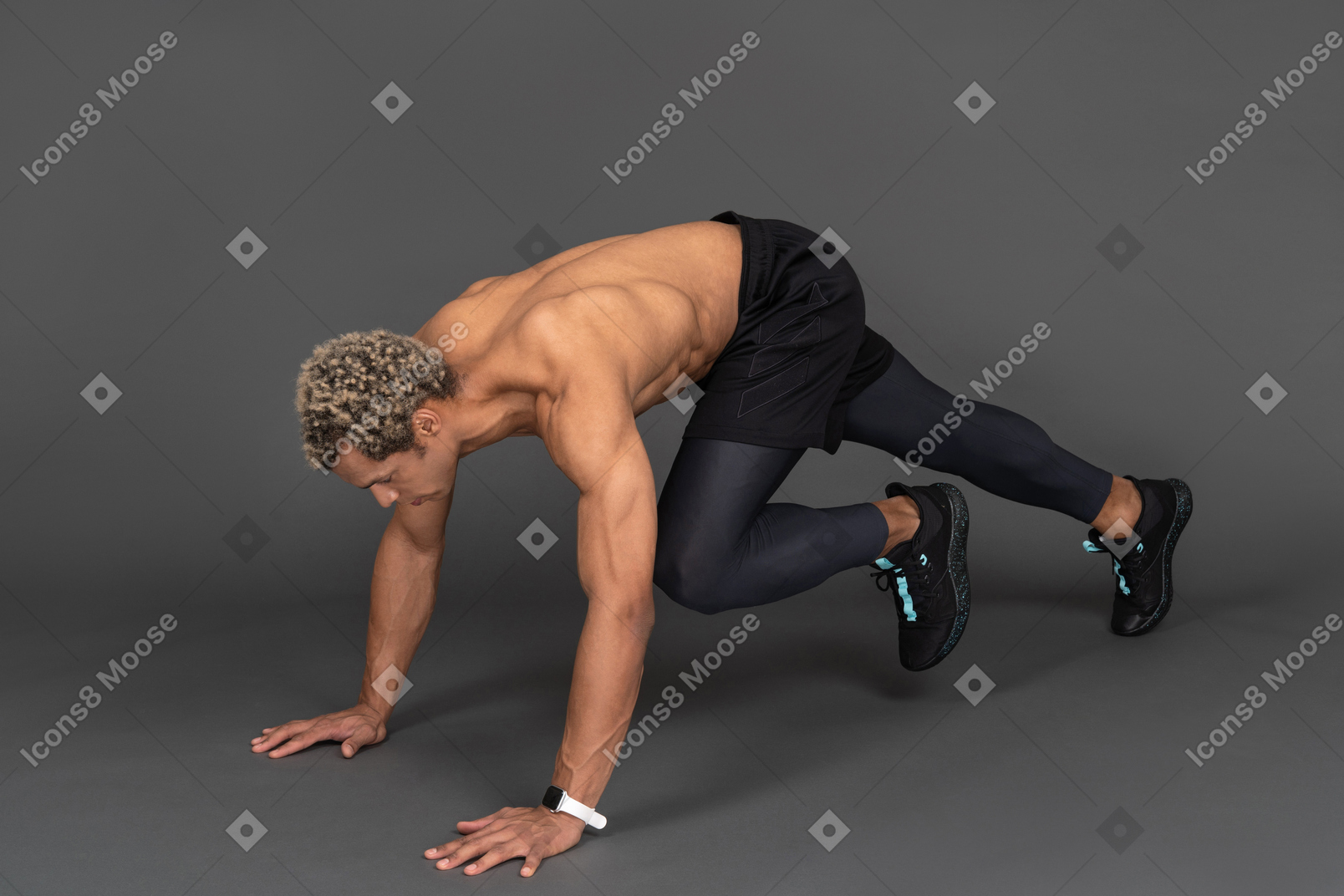 Three-quarter view of a shirtless afro man making plank and raising leg
