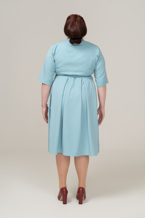 見上げる青いドレスを着た女性の背面図