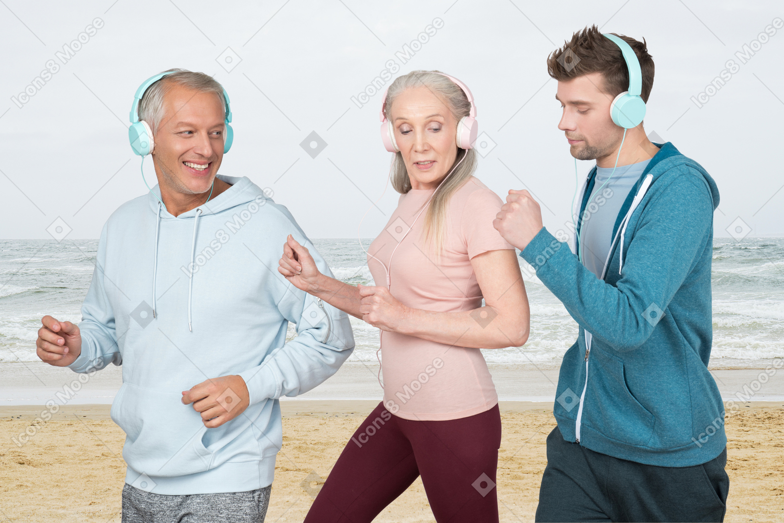 Aged couple and young man running