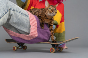 A girl and a cat sitting on a skateboard