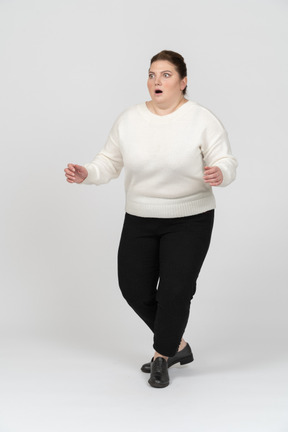 Extremely surprised plus size woman in casual clothes