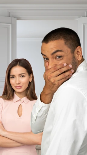 A man and a woman standing in front of a white kitchen