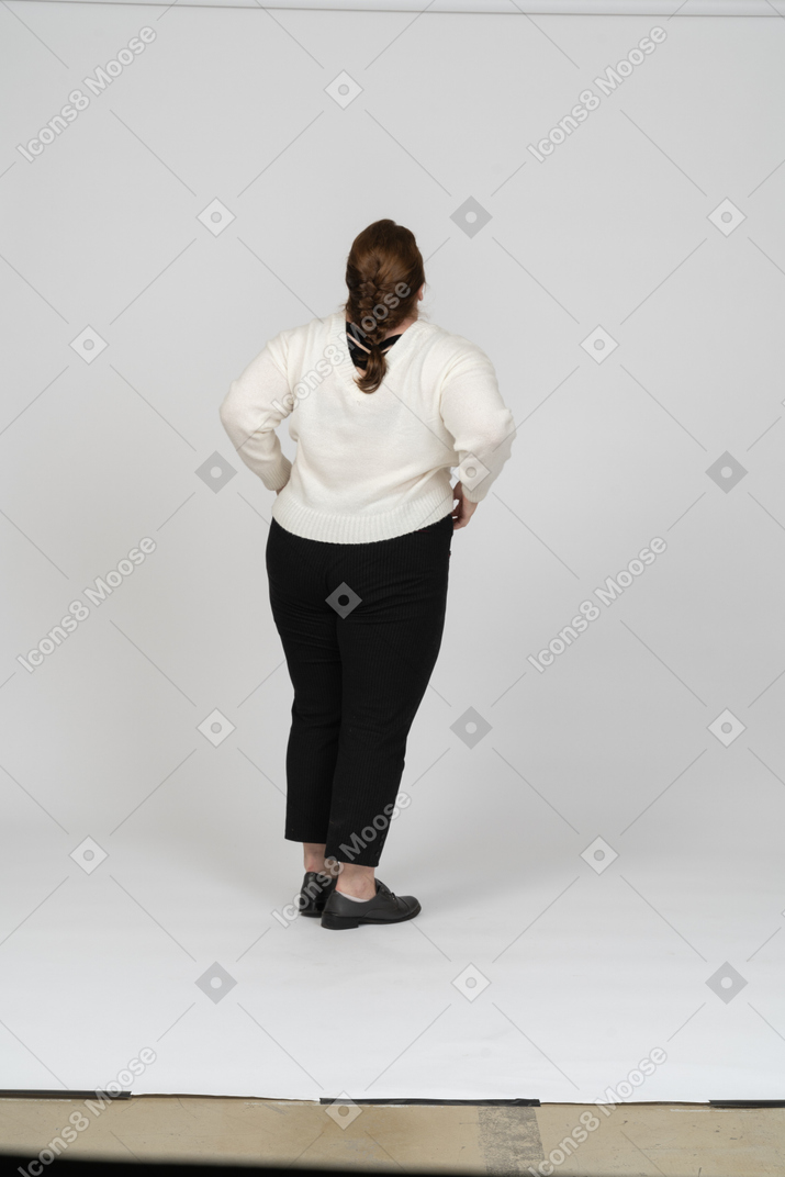 Rear view of a plump woman in casual clothes