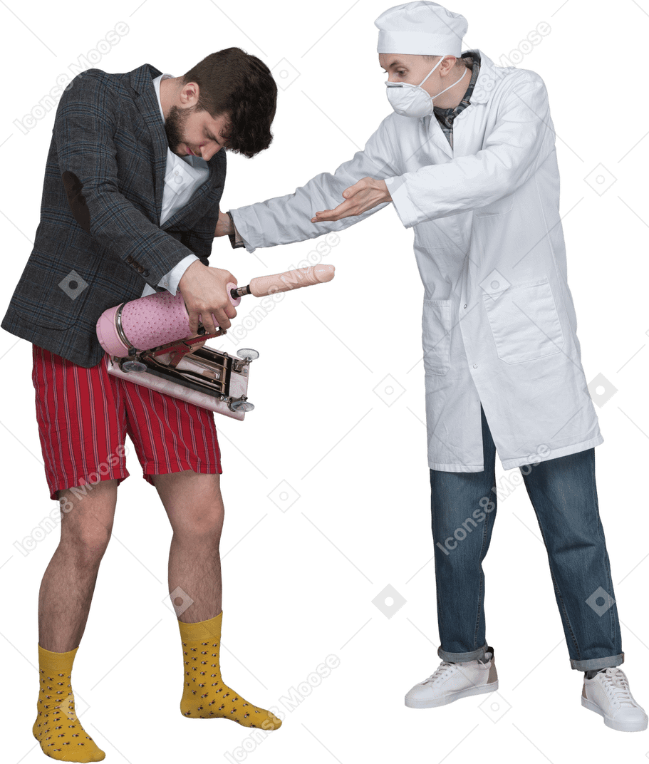 Young man holding sex machine while doctor observing
