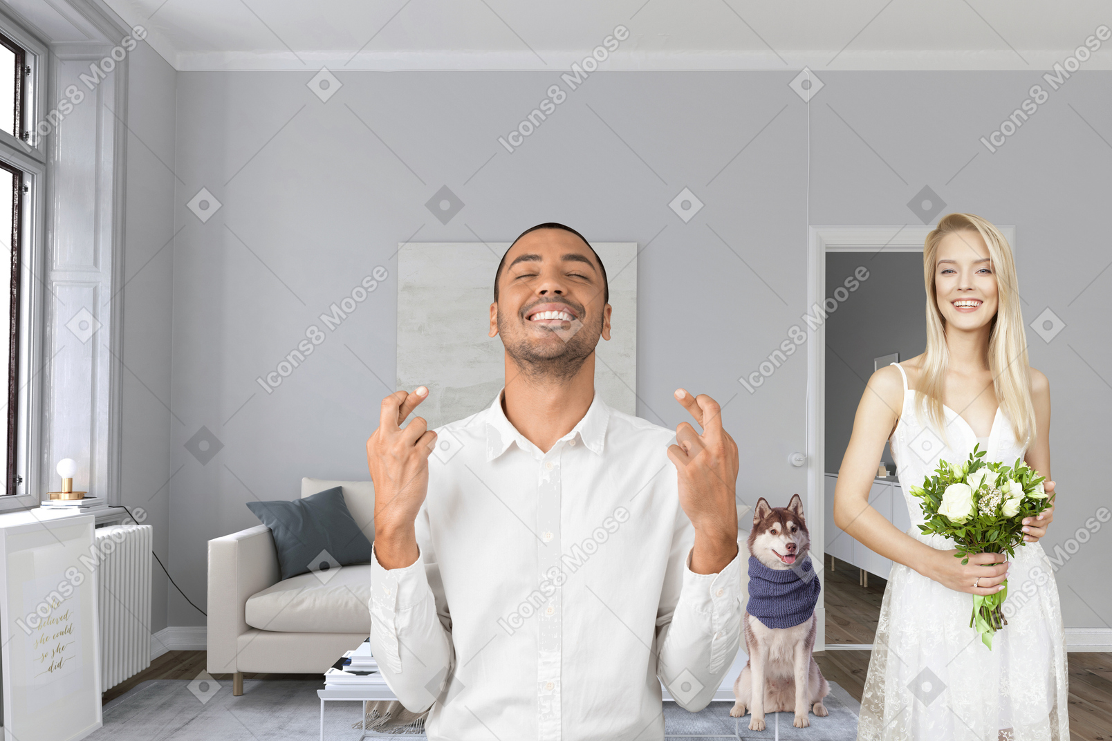 Young man crossing his fingers and young woman holding bouquet in living room