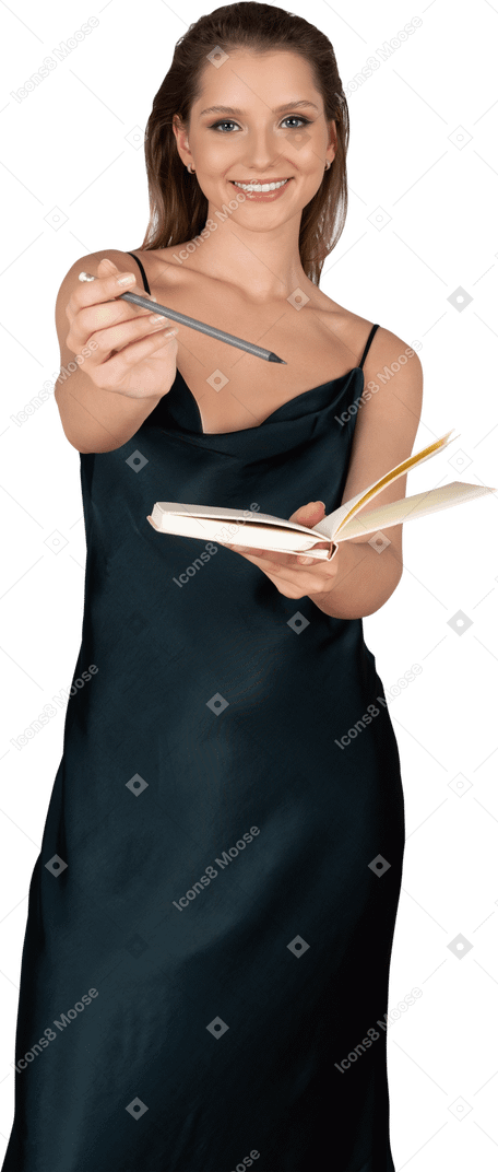 Front view of a young woman in night gown giving autograph