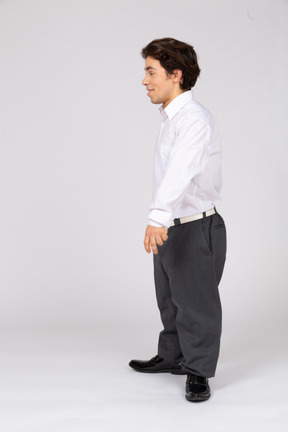 Side view of a man in business casual clothes
