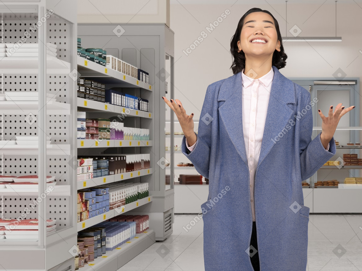 A cheerful woman standing in a supermarket